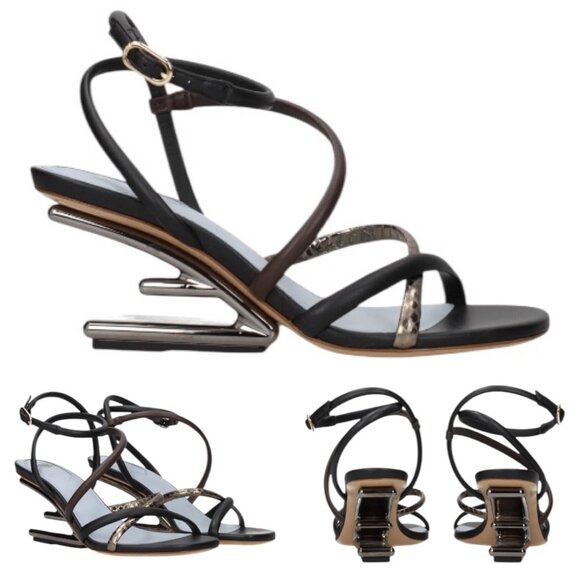 FENDI Fendi First Slide Sandals EU 37 US 7 F Shape Multicolor Wedge Heels Metal - Picture 1 of 15